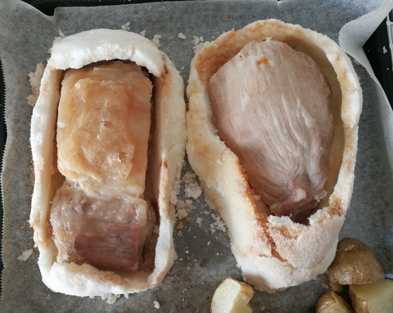 写真：かんたん塩釜焼の素で焼いた豚肉